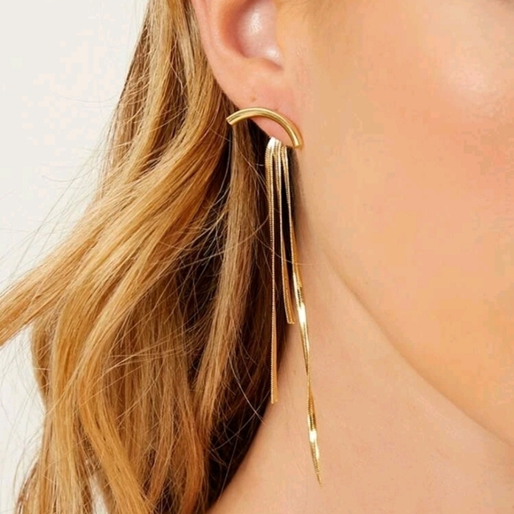 💖 2/$30 Curved Bar yellow Gold plated Tassel boho minimalist Statement earrings - Picture 1 of 13